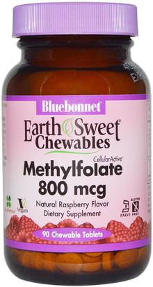Bluebonnet Nutrition, EarthSweet Chewables, CellularActive Methylfolate, Natural Raspberry Flavor, 800 mcg, 90 Chewable Tablets ,الفيتامينات، حمض الفوليك