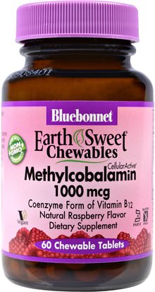 Bluebonnet Nutrition, EarthSweet Chewables, Methylcobalamin, Natural Raspberry Flavor, 1000 mcg, 60 Chewable Tablets ,الفيتامينات، فيتامين b12، فيتامين b12 - ميثيلكوبالامين