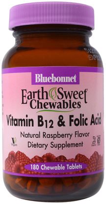 Bluebonnet Nutrition, EarthSweet Chewables, Vitamin B-12 & Folic Acid, Natural Raspberry Flavor, 180 Chewable Tablets ,الفيتامينات، فيتامين ب، فيتامين ب 12
