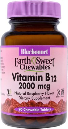 Bluebonnet Nutrition, EarthSweet Chewables, Vitamin B12, Natural Raspberry Flavor, 2,000 mcg, 90 Chewable Tablets ,الفيتامينات، فيتامين b12