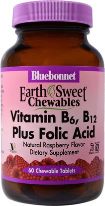 Bluebonnet Nutrition, EarthSweet Chewables, Vitamin B6, B12 Plus Folic Acid, Natural Raspberry Flavor, 60 Chewable Tablets ,الفيتامينات، فيتامين ب، حمض الفوليك