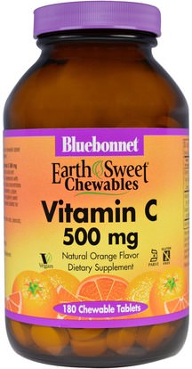 Bluebonnet Nutrition, EarthSweet Chewables, Vitamin C, Natural Orange Flavor, 500 mg, 180 Chewable Tablets ,الفيتامينات، فيتامين ج مضغ