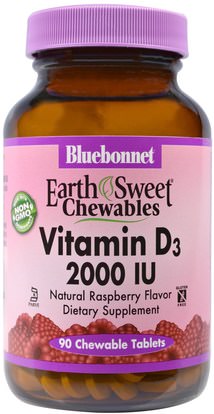 Bluebonnet Nutrition, EarthSweet Chewables, Vitamin D3, Natural Raspberry Flavor, 2,000 IU, 90 Chewable Tablets ,الفيتامينات، فيتامين d3