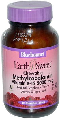 Bluebonnet Nutrition, EarthSweet, Methylcobalamin, Vitamin B-12, Natural Raspberry Flavor, 5000 mcg, 60 Chewable Tablets ,الفيتامينات، فيتامين b12، فيتامين b12 - ميثيلكوبالامين