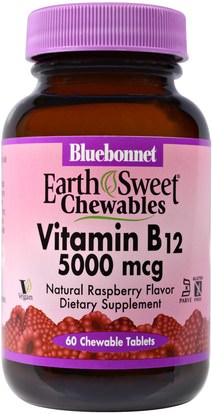 Bluebonnet Nutrition, EarthSweet, Vitamin B-12, 5000 mcg, Natural Raspberry Flavor, 60 Chewable Tablets ,الفيتامينات