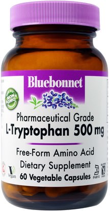 Bluebonnet Nutrition, L-Tryptophan, 500 mg, 60 Veggie Caps ,المكملات الغذائية، ل التربتوفان، الأحماض الأمينية