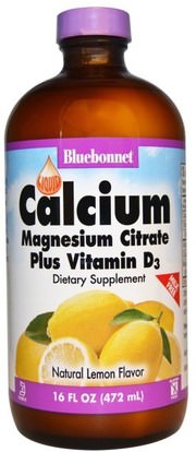 Bluebonnet Nutrition, Liquid Calcium, Magnesium Citrate Plus Vitamin D3, Natural Lemon Flavor, 16 fl oz (472 ml) ,والمكملات الغذائية، والمعادن، والكالسيوم والمغنيسيوم