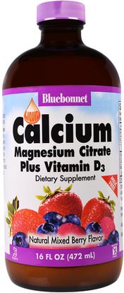 Bluebonnet Nutrition, Liquid Calcium Magnesium Citrate Plus Vitamin D3, Natural Mixed Berry Flavor, 16 fl oz (472 ml) ,والمكملات الغذائية، والمعادن، والكالسيوم والمغنيسيوم