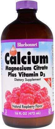 Bluebonnet Nutrition, Liquid Calcium, Magnesium Citrate Plus Vitamin D3, Natural Raspberry Flavor, 16 fl oz (472 ml) ,والمكملات الغذائية، والمعادن، والكالسيوم والمغنيسيوم