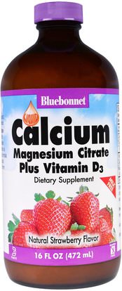 Bluebonnet Nutrition, Liquid Calcium, Magnesium Citrate Plus Vitamin D3, Natural Strawberry Flavor, 16 fl oz (472 ml) ,المكملات الغذائية، المعادن، الكالسيوم، الكالسيوم السائل