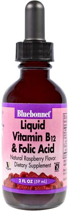 Bluebonnet Nutrition, Liquid Vitamin B-12 & Folic Acid, Natural Raspberry Flavor, 2 fl oz (59 ml) ,الفيتامينات، وفيتامين ب، وفيتامين ب 12، وفيتامين ب 12 - السائل