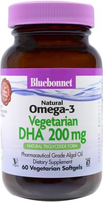 Bluebonnet Nutrition, Natural Omega-3, Vegetarian DHA, 200 mg, 60 Veggie Softgels ,المكملات الغذائية، ايفا اوميجا 3 6 9 (إيبا دا)