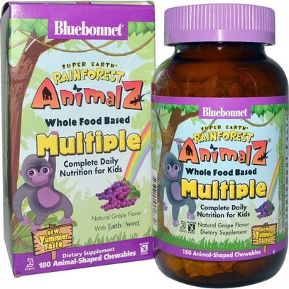 Bluebonnet Nutrition, Rainforest Animalz, Whole Food Based Multiple, Natural Grape Flavor, 180 Chewables ,الفيتامينات، الفيتامينات المتعددة، الأطفال الفيتامينات