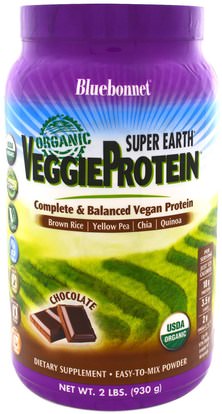 Bluebonnet Nutrition, Super Earth, Organic VeggieProtein, Chocolate Flavor, 2 lbs (930 g) ,المكملات الغذائية، البروتين، مسحوق بروتين الأرز