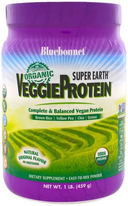 Bluebonnet Nutrition, Super Earth, Organic VeggieProtein, Natural Original Flavor, 1 lb (459 g) ,المكملات الغذائية، البروتين، مسحوق بروتين الأرز