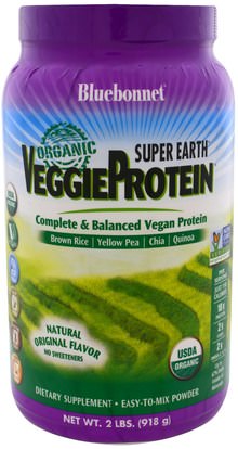 Bluebonnet Nutrition, Super Earth, Organic VeggieProtein, Natural Original Flavor, 2 lbs (918 g) ,المكملات الغذائية، البروتين، مسحوق بروتين الأرز