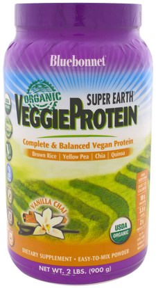 Bluebonnet Nutrition, Super Earth, Organic VeggieProtein, Vanilla Chai, 2 lbs (900 g) ,المكملات الغذائية، البروتين، مسحوق بروتين الأرز