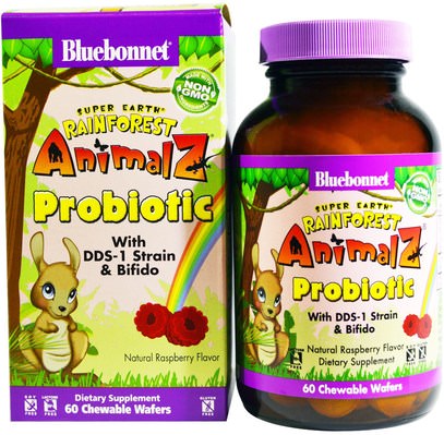 Bluebonnet Nutrition, Super Earth, Rainforest Animalz Probiotic, Natural Raspberry Flavor, 60 Chewable Wafers ,المكملات الغذائية، البروبيوتيك، الأطفال البروبيوتيك، استقرت البروبيوتيك