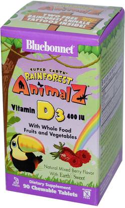 Bluebonnet Nutrition, Super Earth, Rainforest Animalz, Vitamin D3, Mixed Berry, 400 IU, 90 Chewable Tablets ,الفيتامينات، فيتامين d3
