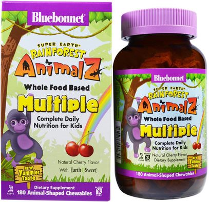 Bluebonnet Nutrition, Super Earth, Rainforest Animalz, Whole Food Based Multiple, Natural Cherry Flavor, 180 Chewables ,الفيتامينات، الفيتامينات المتعددة، الأطفال الفيتامينات