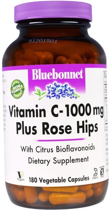 Bluebonnet Nutrition, Vitamin C - 1000 mg Plus Rose Hips, 180 Veggie Caps ,الفيتامينات، فيتامين ج بيوفلافونويدس الورود