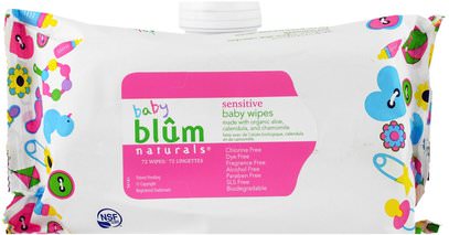 Blum Naturals, Baby, Sensitive, Baby Wipes, Fragrance Free, 72 Wipes ,صحة الطفل، حفاضات، مناديل الطفل