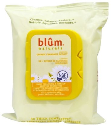 Blum Naturals, Daily Cleansing & Makeup Remover Towelettes, 30 Thick Towelettes ,الجمال، العناية بالوجه، مناديل الوجه، منظفات الوجه