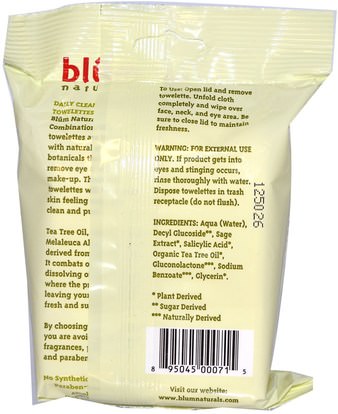 Blum Naturals, Daily Cleansing & Makeup Remover Towelettes, Combination & Oily Skin, Tea Tree, 30 Towelettes ,الجمال، حمض الساليسيليك، العناية بالوجه، مناديل الوجه