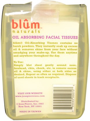 Blum Naturals, Oil Absorbing Facial Tissues, 50 Sheets ,الجمال، العناية بالوجه، مناديل الوجه