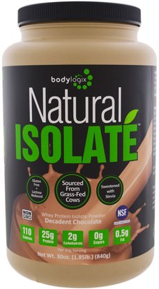 Bodylogix, Natural Isolate Whey Protein Powder, Decadent Chocolate, 30 oz (840 g) ,والرياضة، والمكملات الغذائية، بروتين مصل اللبن