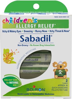 Boiron, Childrens Sabadil, Allergy Relief, 2 Tubes, Approx. 80 Pellets Per Tube ,والمكملات الغذائية، المثلية، والحساسية، والحساسية
