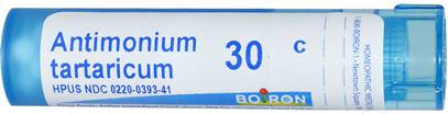 Boiron, Single Remedies, Antimonium Tartaricum, 30C, Approx 80 Pellets ,والسعال والحلق، والبرد والانفلونزا