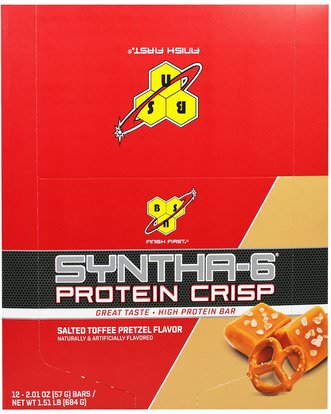 BSN, Syntha-6 Protein Crisp, Salted Toffee Pretzel Flavor, 12 Bars, 2.01 oz (57 g) ,الرياضة بروتين، الرياضة، بروتين أشرطة