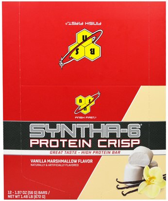 BSN, Syntha-6 Protein Crisp, Vanilla Marshmallow Flavor, 12 Bars, 1.97 oz (56 g) Each ,الرياضة بروتين، الرياضة، بروتين أشرطة