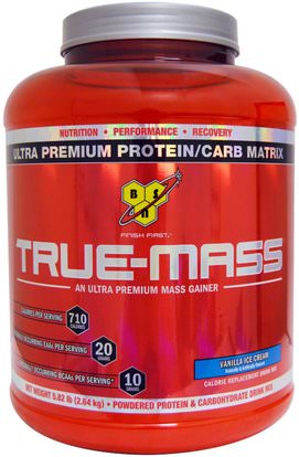 BSN, True Mass, Ultra Premium Protein/Carb Matrix, Vanilla Ice Cream, 5.82 lbs (2.64 kg) ,والمكملات الغذائية، والبروتين