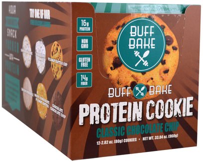 Buff Bake, Protein Cookie, Classic Chocolate Chip, 12 Cookies, 2.82 oz (80 g) Each ,والرياضة، والبروتين أشرطة