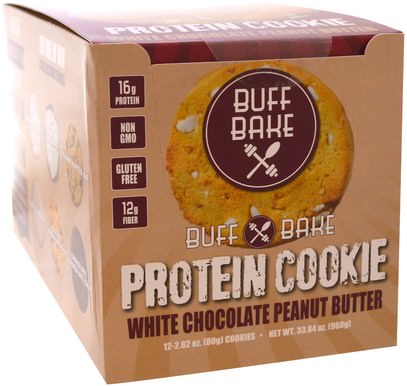 Buff Bake, Protein Cookie, White Chocolate Peanut Butter, 12 Cookies, 2.82 oz (80 g) Each ,والرياضة، والبروتين أشرطة