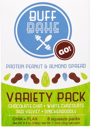 Buff Bake, Protein Peanut & Almond Spread, Variety Pack, 8 Squeeze Packs, 1.15 oz (32 g) Each ,الطعام، المربيات، سبرياد
