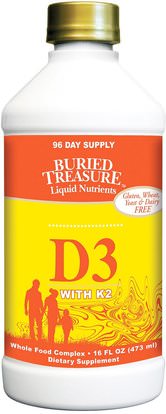 Buried Treasure, Liquid Nutrients, D3 with K2, 16 fl oz (473 ml) ,الفيتامينات، فيتامين d3، دفن الكنز الفيتامينات والمعادن، فيتامين d3 السائل