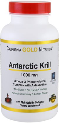 California Gold Nutrition, CGN, Antarctic Krill Oil, with Astaxanthin, RIMFROST, Natural Strawberry & Lemon Flavor, 1000 mg, 120 Fish Gelatin Softgels ,زيت كريل كريل، مكملات غذائية، إيفا أوميجا 3 6 9 (إيبا دا)