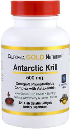 California Gold Nutrition, CGN, Antarctic Krill Oil, with Astaxanthin, RIMFROST, Natural Strawberry & Lemon Flavor, 500 mg, 120 Fish Gelatin Softgels ,زيت كريل كريل، مكملات غذائية، إيفا أوميجا 3 6 9 (إيبا دا)