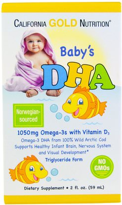California Gold Nutrition, CGN, Babys DHA, 1050 mg, Omega-3s with Vitamin D3, 2 fl oz (59 ml) ,المكملات الغذائية، إيفا أوميجا 3 6 9 (إيبا دا)، دا، كغن دا، كغن الامهات والرضع
