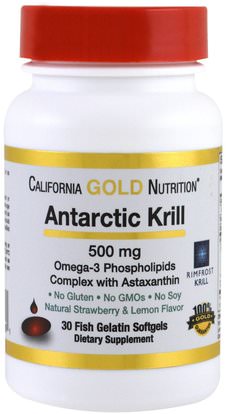 California Gold Nutrition, CGN, Antarctic Krill Oil, with Astaxanthin, RIMFROST, Natural Strawberry & Lemon Flavor, 500 mg, 30 Fish Gelatin Softgels ,زيت كريل كريل، مكملات غذائية، إيفا أوميجا 3 6 9 (إيبا دا)