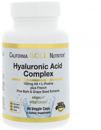 California Gold Nutrition, CGN, Hyaluronic Acid, with L-Proline + French Pine Bark & Grape Seed Extracts, 100 mg, 60 Veggie Caps ,والصحة، والعظم، وهشاشة العظام، ومكافحة الشيخوخة والصحة المشتركة