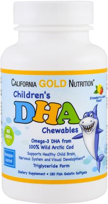 California Gold Nutrition, CGN, Childrens DHA Chewables, 100% Wild Arctic Cod, Strawberry-Lemon Flavor, 180 Fish Gelatin Softgels ,المكملات الغذائية، ايفا اوميجا 3 6 9 (إيبا دا)