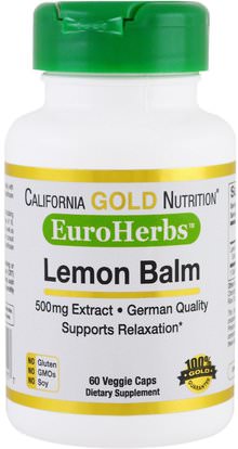 California Gold Nutrition, CGN, EuroHerbs, Lemon Balm Extract, 500 mg, 60 Veggie Caps ,كورن يورهوربس، الأعشاب، بلسم الليمون ميليسا