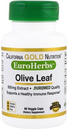 California Gold Nutrition, CGN, EuroHerbs, Olive Leaf Extract, 500 mg, 60 Veggie Caps ,كورن، يورويرهبس، الصحة، ورقة للنبات الزيتون