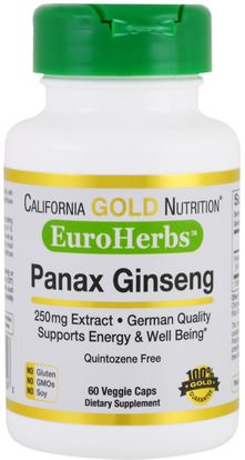 California Gold Nutrition, CGN, EuroHerbs, Panax Ginseng Extract, 250 mg, 60 Veggie Caps ,كورن يورهوربس، والمكملات الغذائية، أدابتوغن