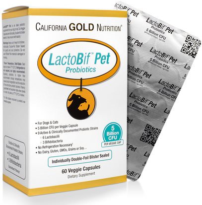 California Gold Nutrition, CGN, LactoBif Pet Probiotics, 5 Billion CFU, 60 Veggie Caps ,كغن لاكتوبيف بروبيوتيك، رعاية الحيوانات الأليفة والحيوانات الأليفة القطط
