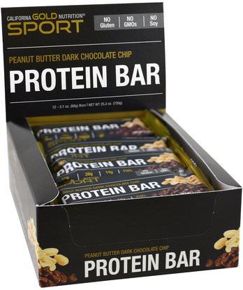 California Gold Nutrition, CGN, Protein Bars, Peanut Butter Chocolate Chip, Gluten Free, 12 Bars, 2.1 oz (60 g ) Each ,كغن الرياضة النقية، بروتينات كغن